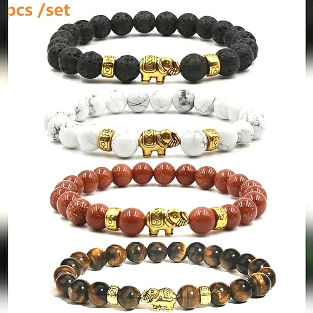 Natural Stone stretch bracelets with elephant charm, 4 pc set, NWT
